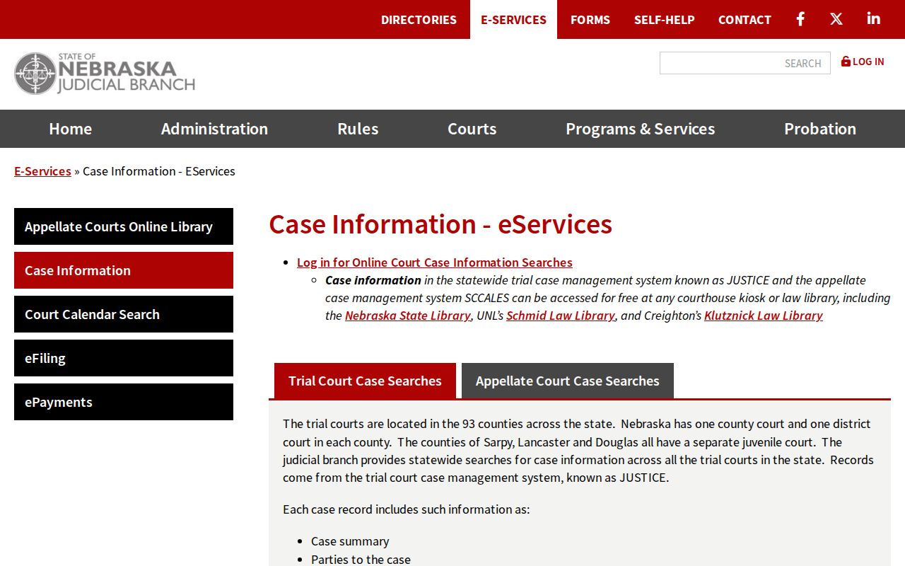 Cass County case lookup explanation for Nebraska JUSTICE access