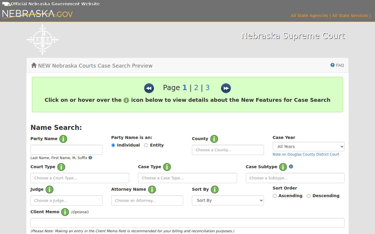 Cass County civil docket JUSTICE name-search field layout