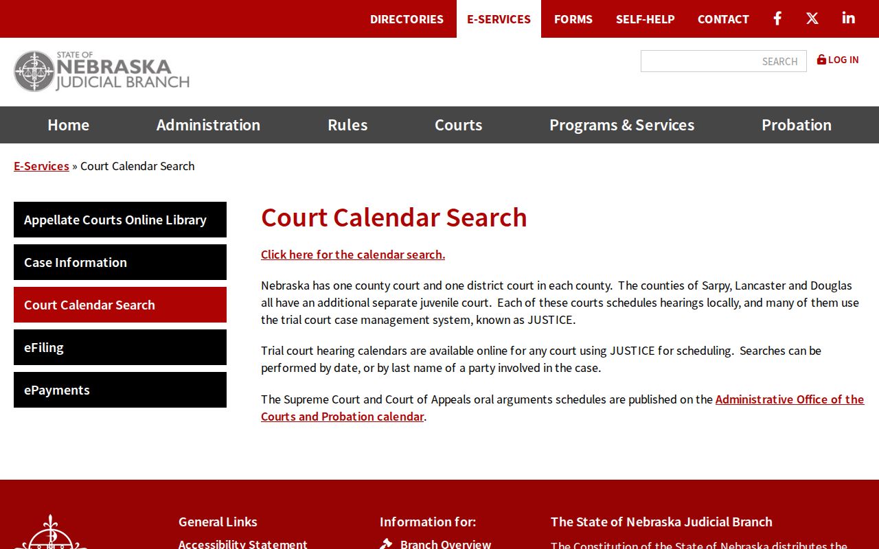 Cass County court calendar explanation from the Nebraska Judicial Branch