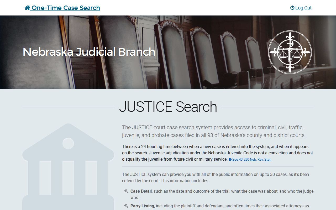 Cass County criminal docket JUSTICE one-time search landing page