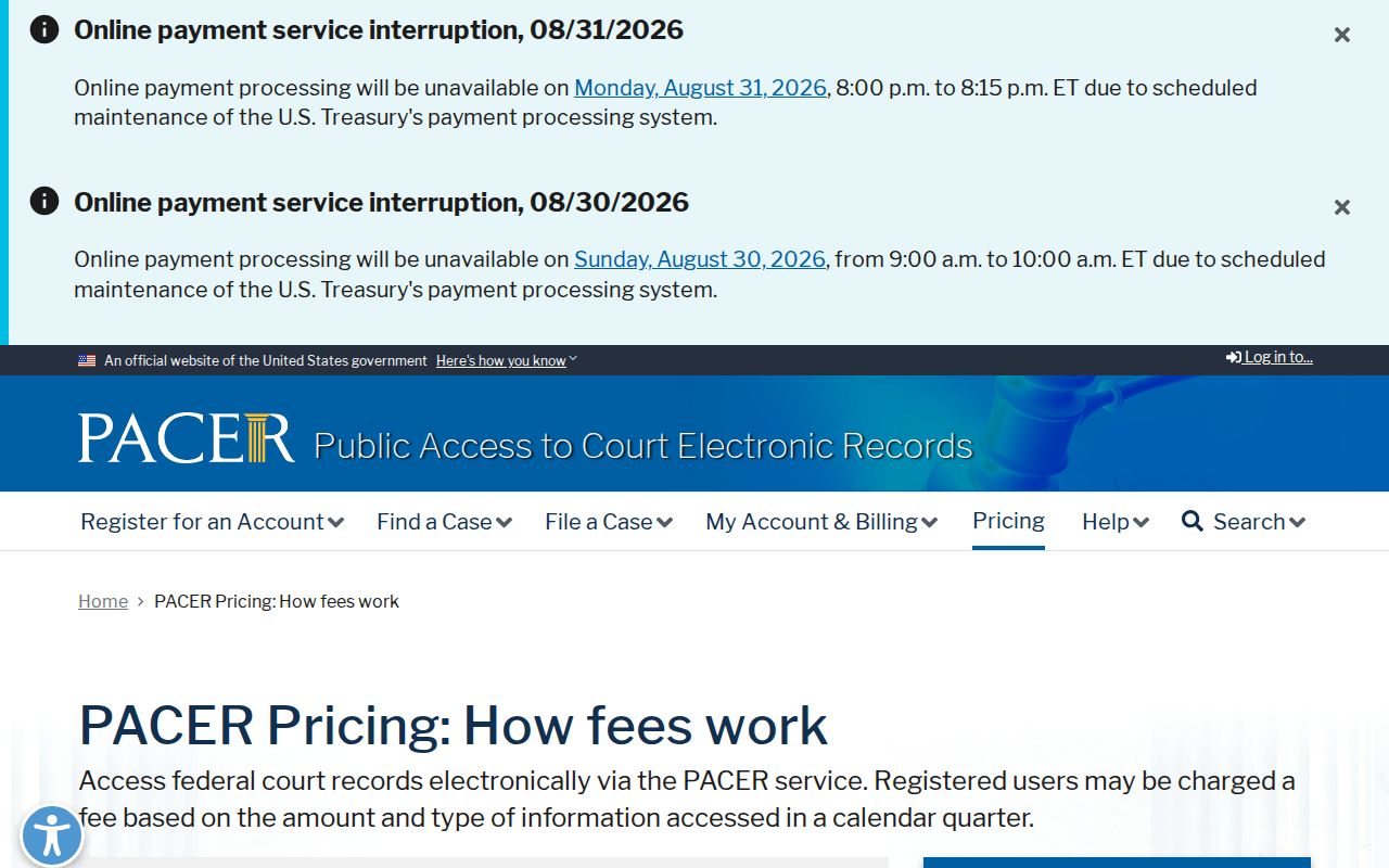 Elmwood court docket source showing federal PACER record access information